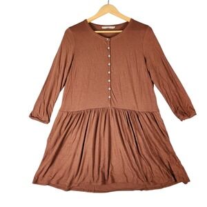 Peruvian Connection Dress Women's Small Brown Cotton Button Front Long Sleeve